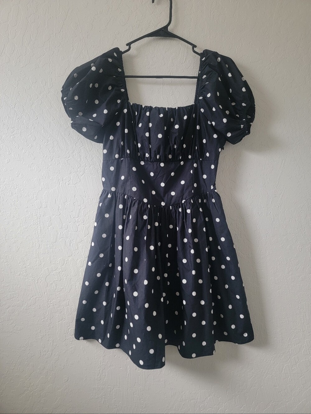 Express Polka Dot Square Neck Short Puff Sleeve Mini Dress 100% Cotton